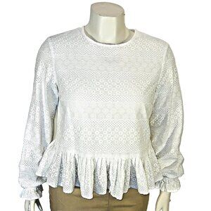 Nine West Blouse Top Womens L White Crochet Lace Babydoll Boat Neck Long Sleeve